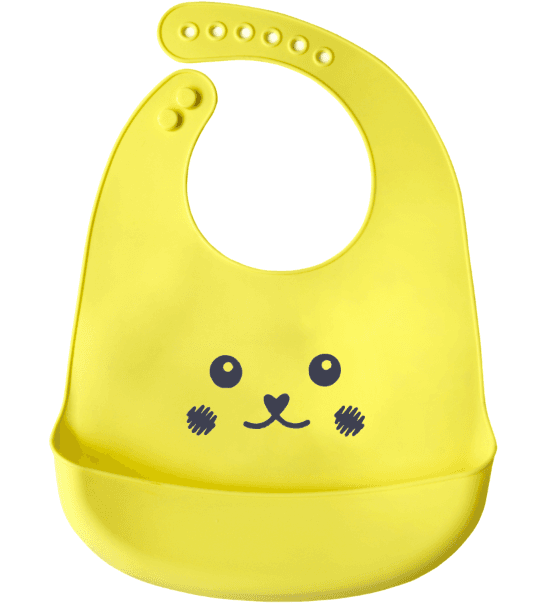 Silikonowy śliniak z kieszonką dla dzieci – żółty, uśmiechnięta buźka