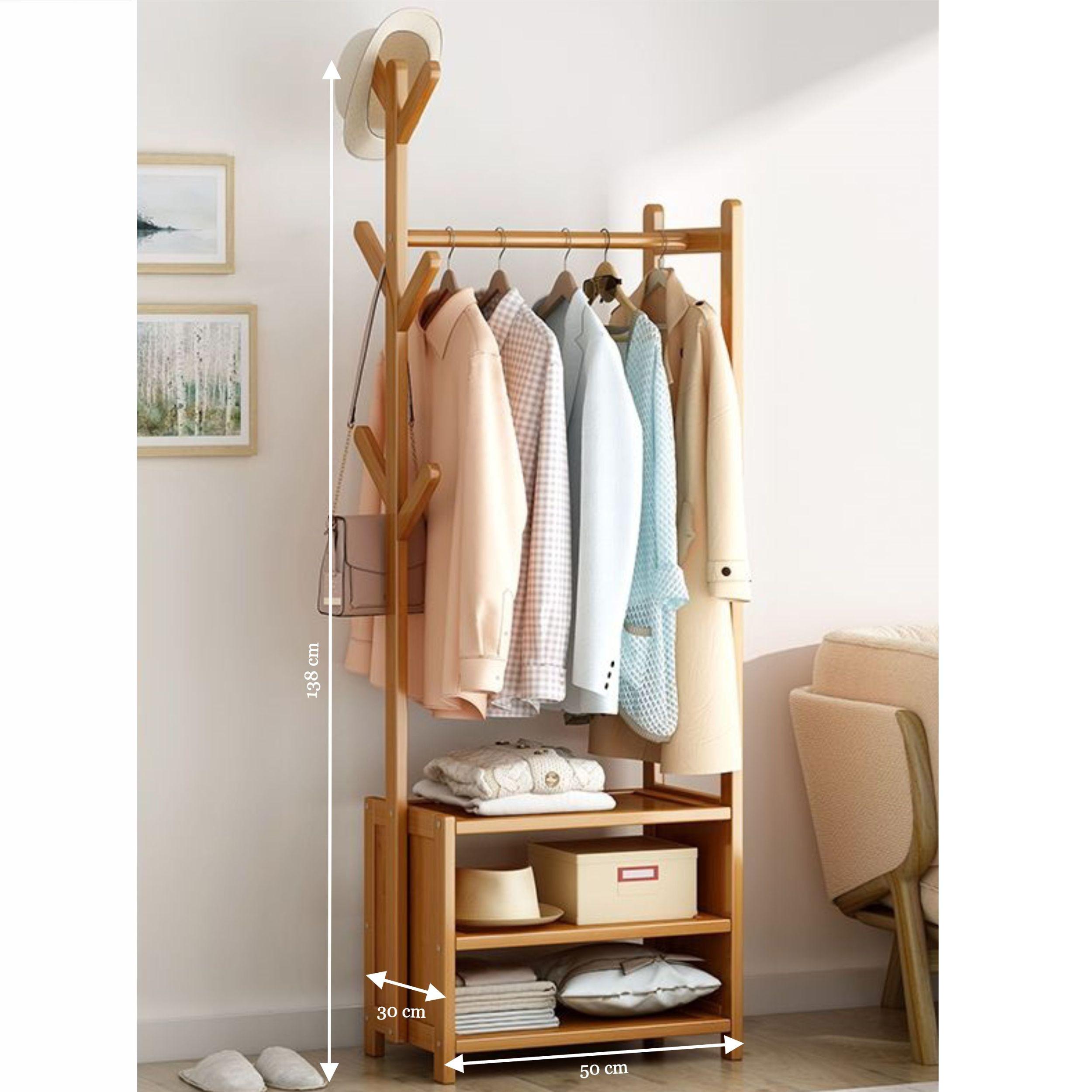 Bamboo clothes rack with tree-shaped accessory holder