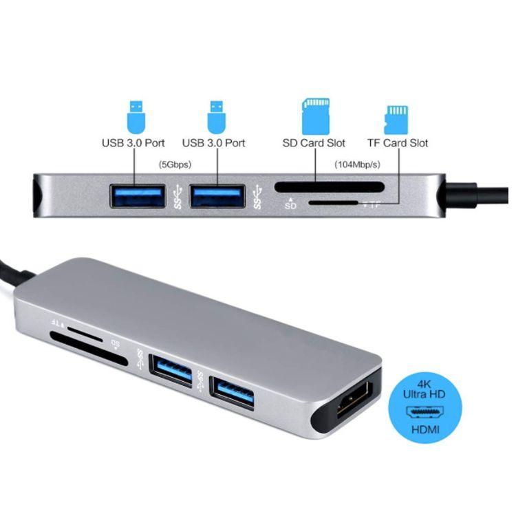 Aluminum adapter HUB 5in1 USB-C to HDMI 4K, 2xUSB 3.0, Card reader