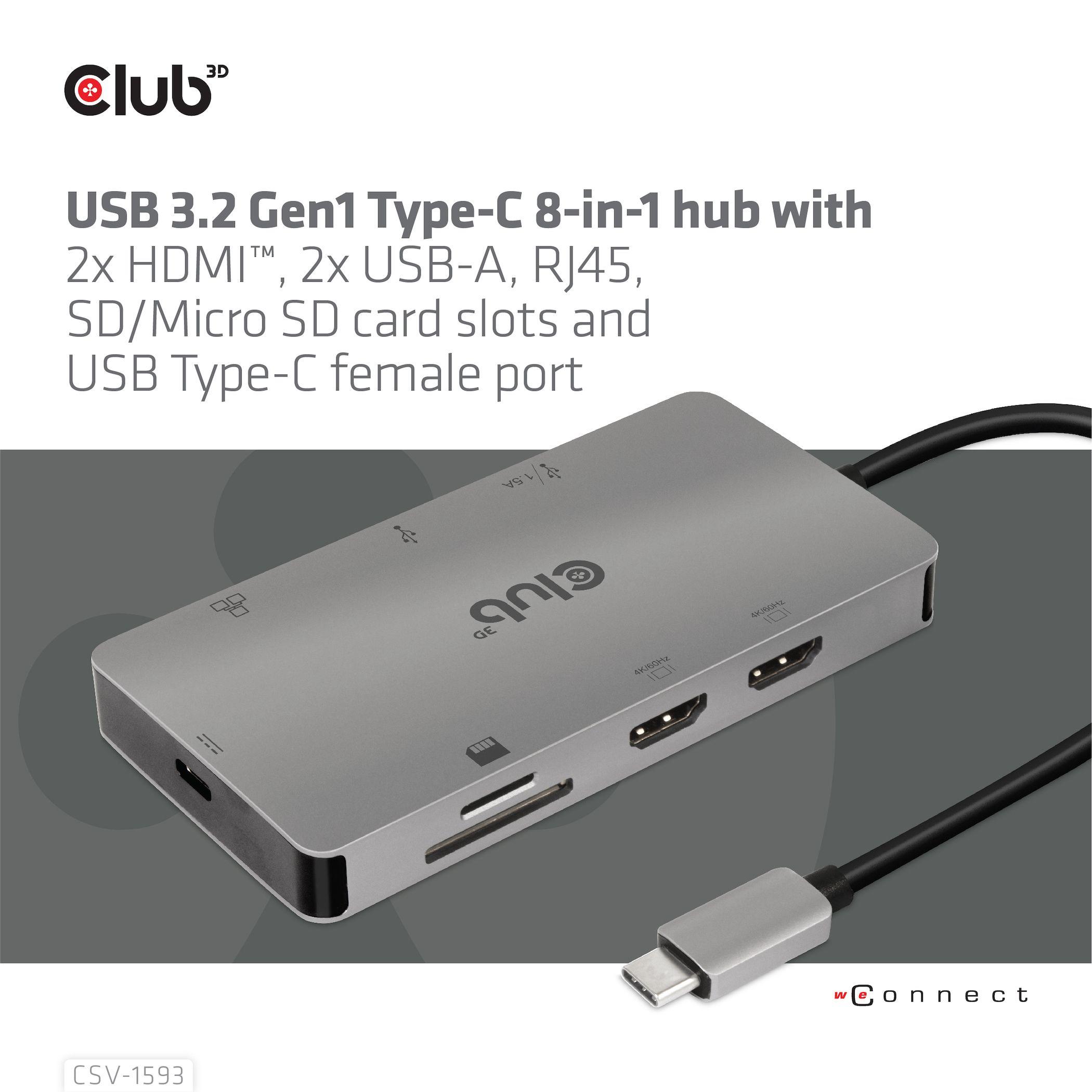 CLUB3D USB 3.2 Gen1 Type-C 8-in-1 hub with 2x HDMI, 2x USB-A, RJ45, SD/ Micro SD card slots and USB Type-C female port