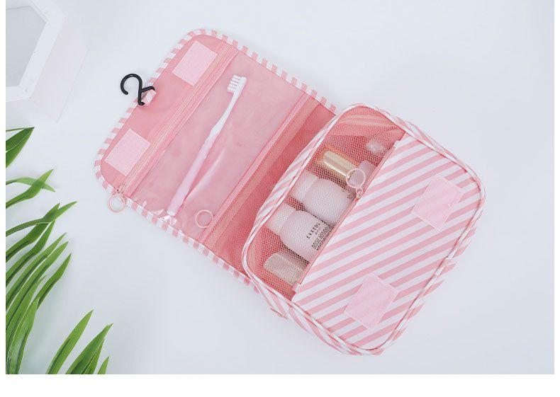 Suspension travel cosmetic bag - pink with stripes