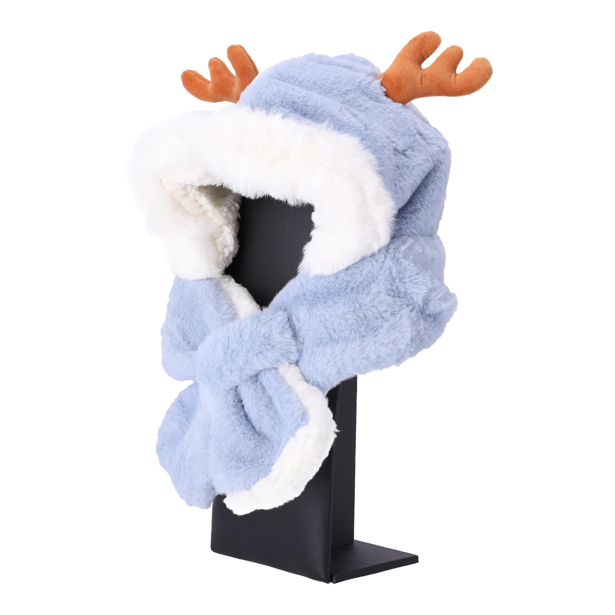 Children's plush hat with a scarf for children aged 1 to 7 – light blue with deer ears
