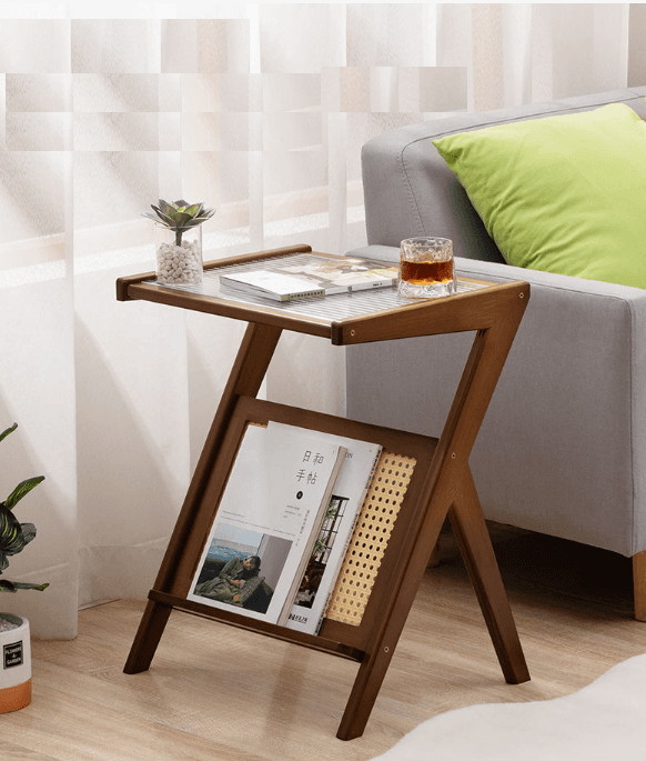 Bambusowy stolik z ratanową półką – ciemnobrązowy, długość 45 cm