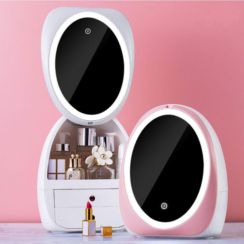 Cosmetics organizer with LED mirror / LED makeup mirror 2-in-1 - pink
