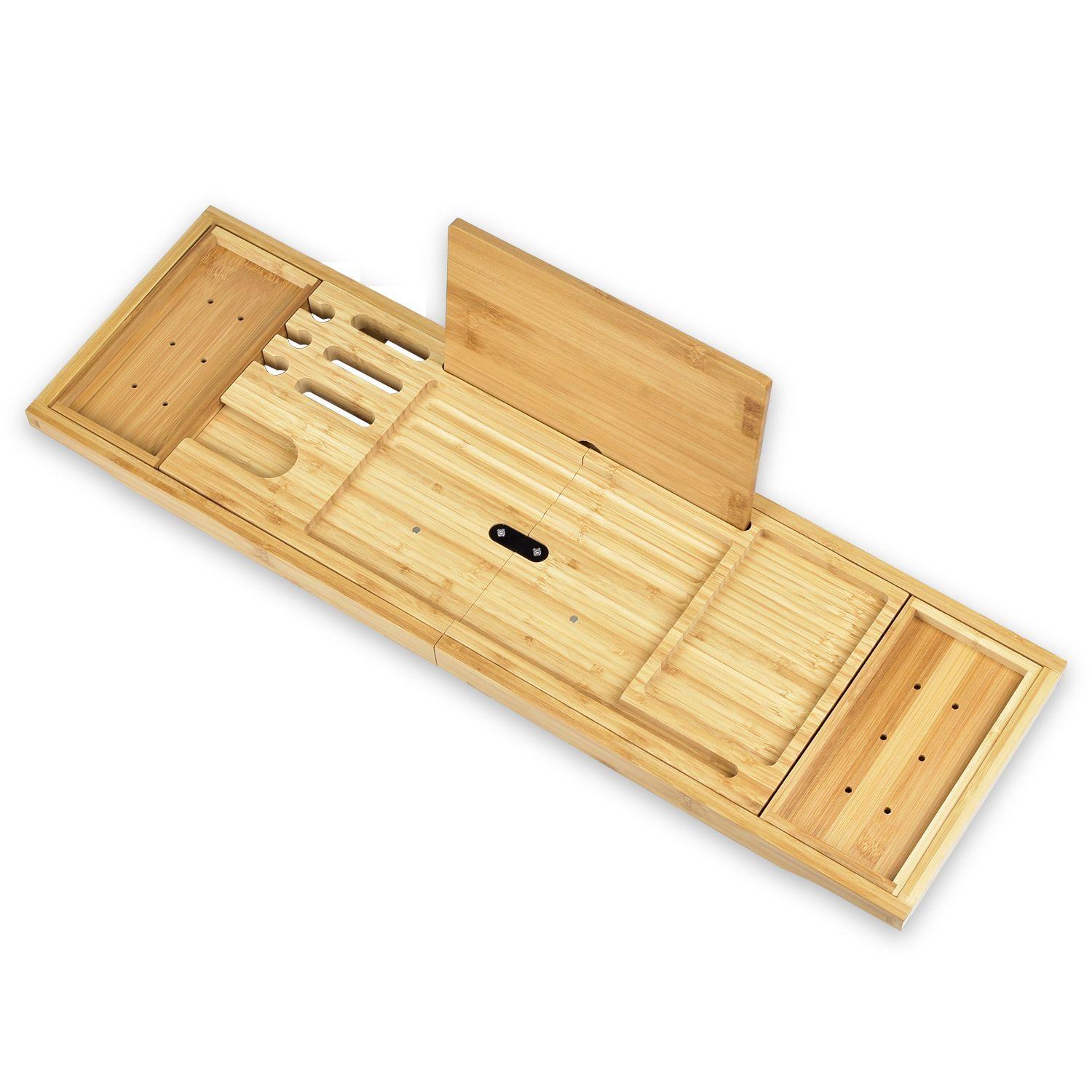Bamboo bath tray for bathtub with wine glass holder and place for laptop / Bathroom shelf for bathtub - foldable