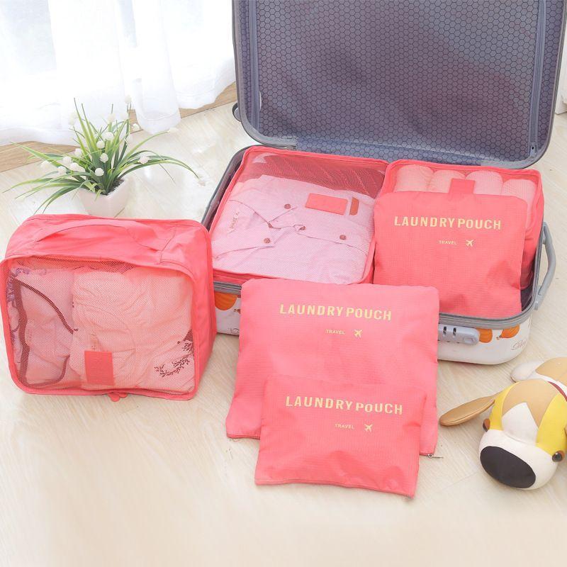 A set of travel organizers for a suitcase and a wardrobe (6 pcs) - pink