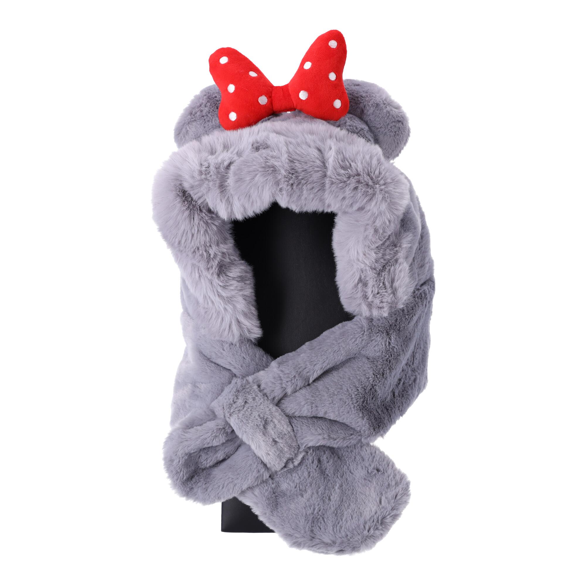 Children's plush hat with a scarf for children aged 1 to 8 - gray with a red bow
