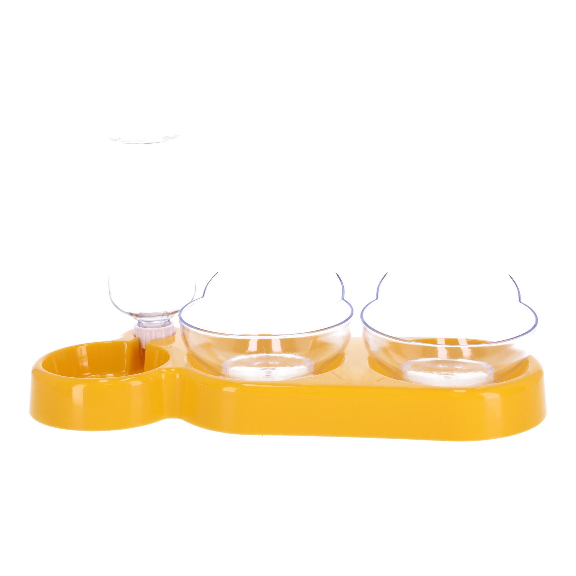 Double bowl with automatic water dispenser for dog and cat 3-in-1 - yellow