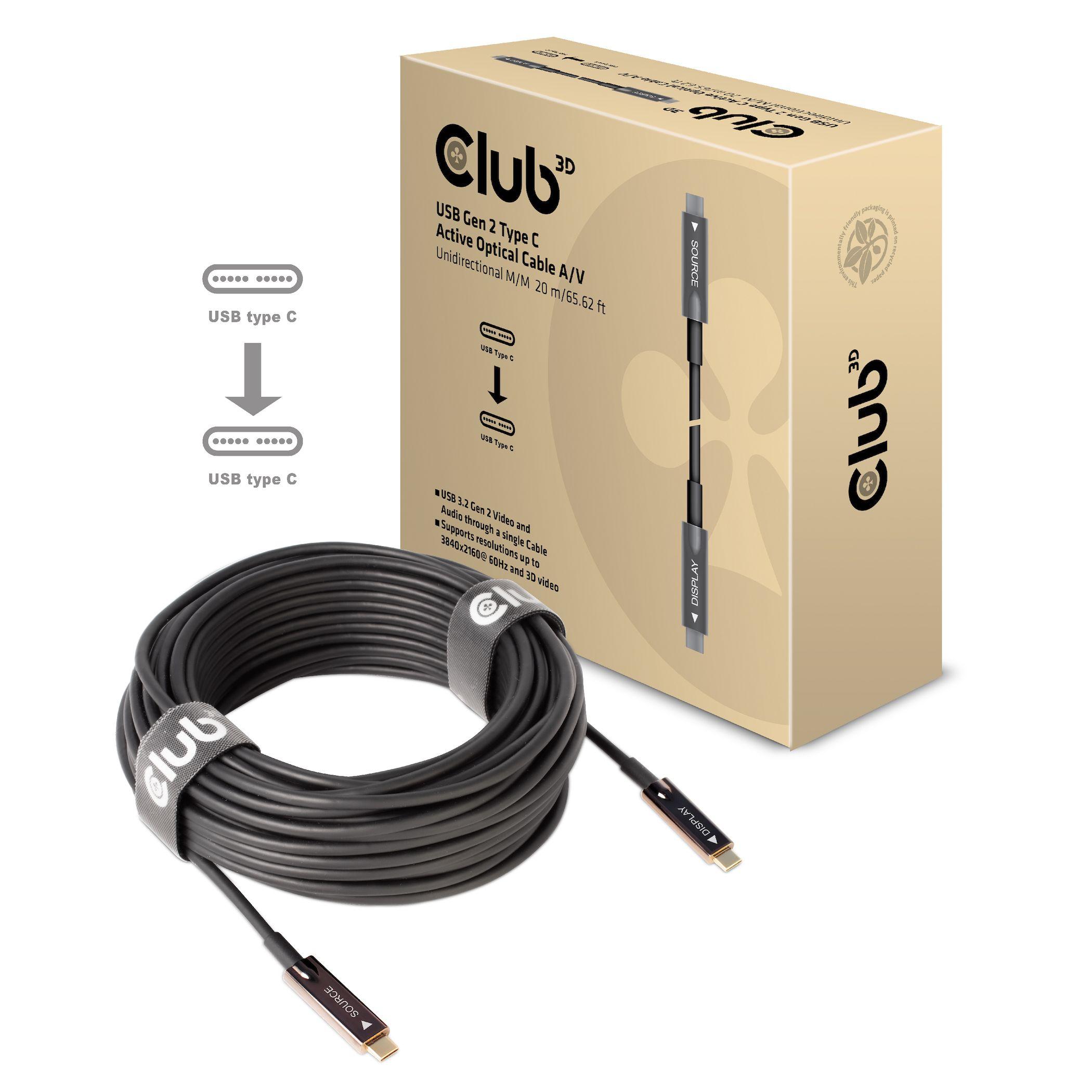 CLUB3D USB Gen 2 Type C Active Optical Cable A/V Unidirectional M/M 20 m/ 65.62 ft
