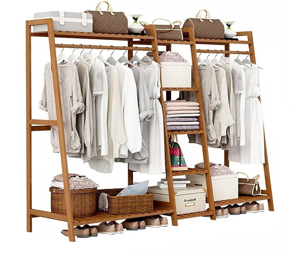 Double bamboo clothes rack with 5 shelves - length 160 cm.
