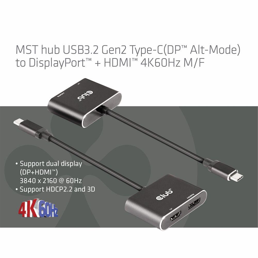CLUB3D MST hub USB3.2 Gen2 Type-C(DP Alt-Mode) to DisplayPort + HDMI 4K60Hz M/F