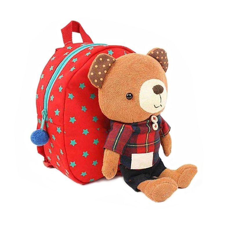 Red rucksack with a safety leash