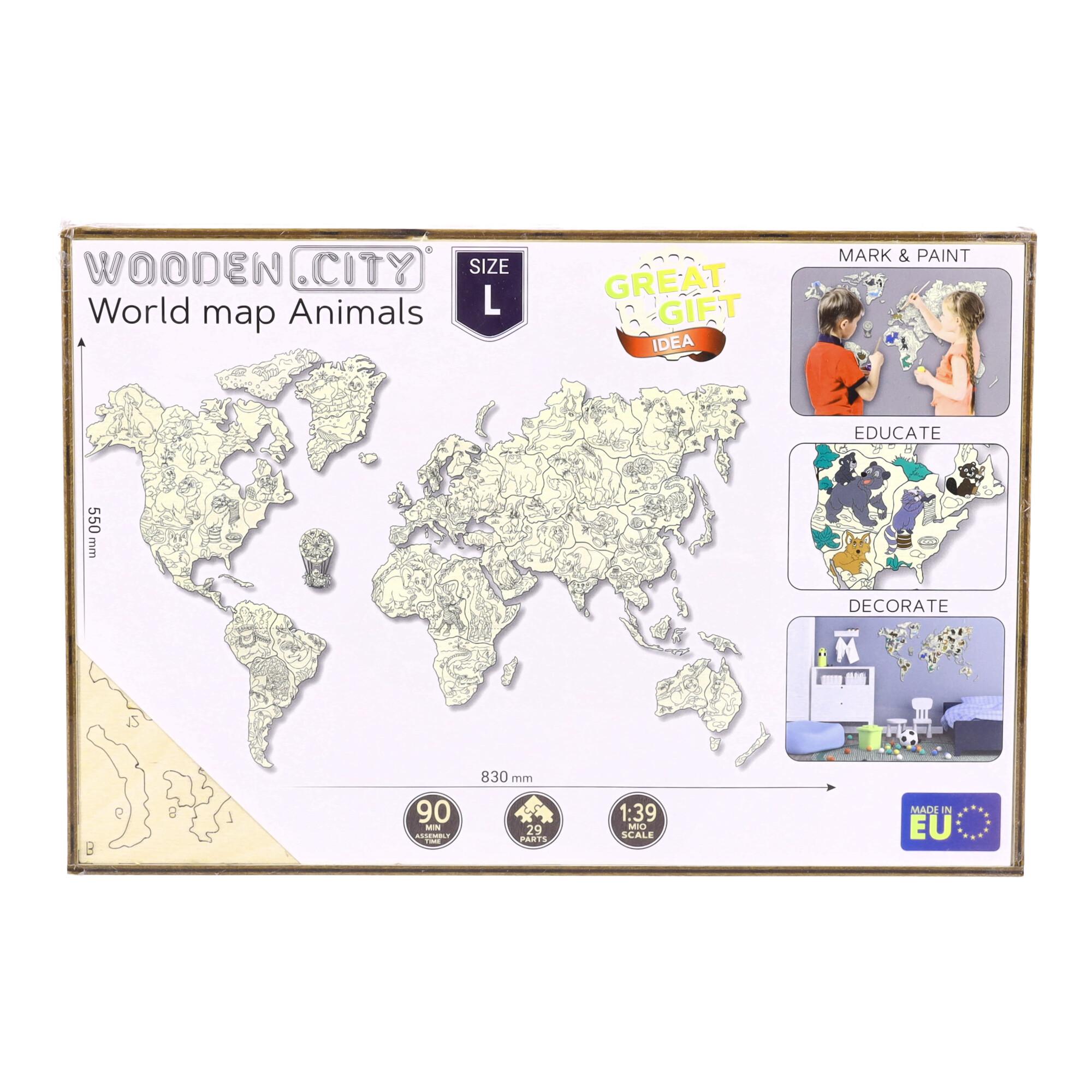 Wooden Animal World Map 3D, size M