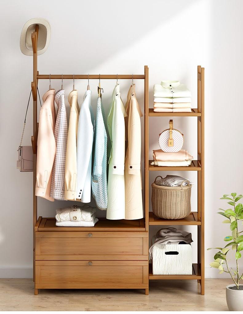 Bamboo clothes rack with tree-shaped accessory holder