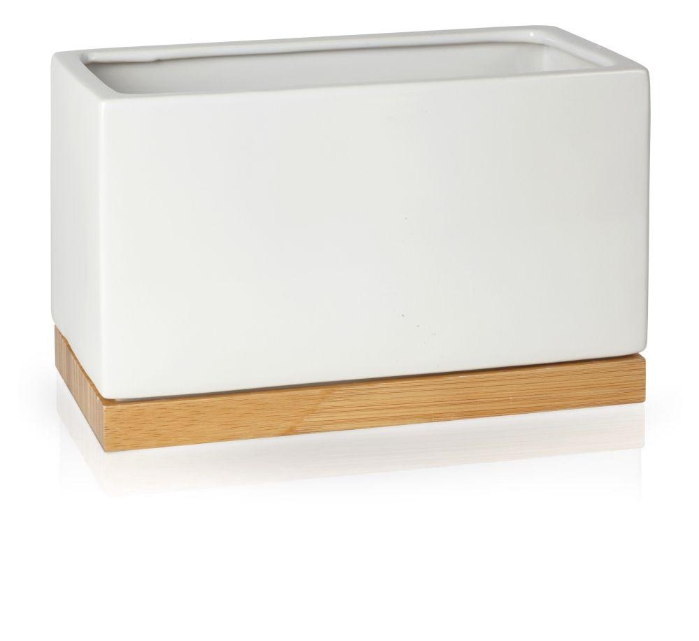 Ceramic, oblong, rectangular pot - white with a wooden base - BARCELONA collection
