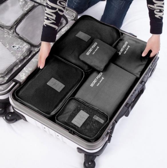 A set of travel organizers for a suitcase and a wardrobe (6 pcs) - black