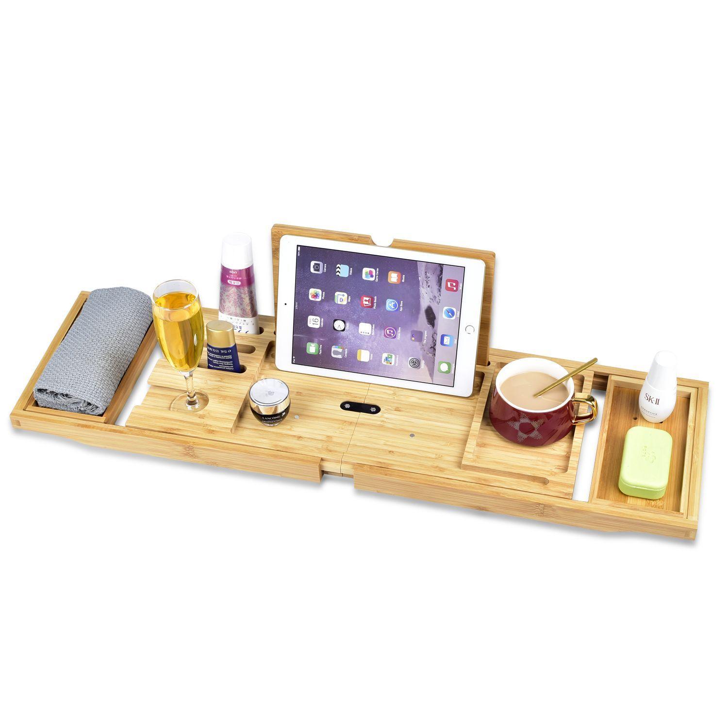 Bambusowa taca kąpielowa do wanny z uchwytem na kieliszek wina i miejscem na laptop/ Półka łazienkowa na wannę - składana