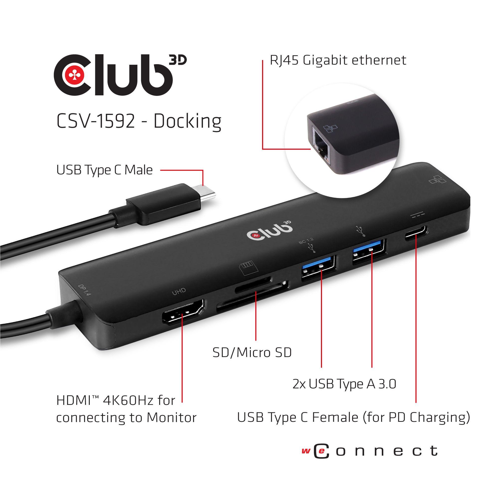 CLUB3D USB Type C 3.2 Gen1 7in1 Hub HDMI 4K60Hz SD TF Card slot 2x USB Type A USB Type C PD RJ45