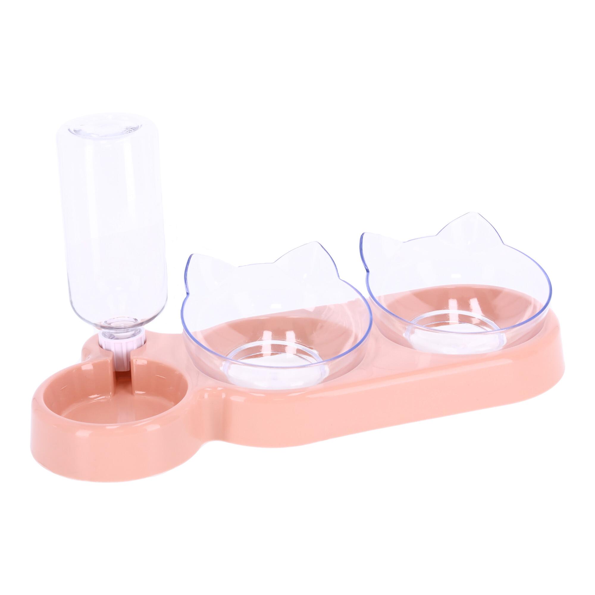 Double bowl with automatic water dispenser for dog and cat 3-in-1 - pink