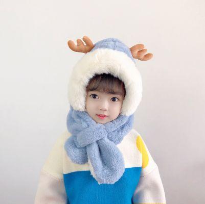 Dziecięca pluszowa czapka z szalikiem dla dzieci w wieku od 1 do 7 lat – jasnoniebieska z uszami jelenia
