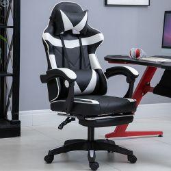 Fotel komputerowy / gamingowy z podnóżkiem – czarno-biały